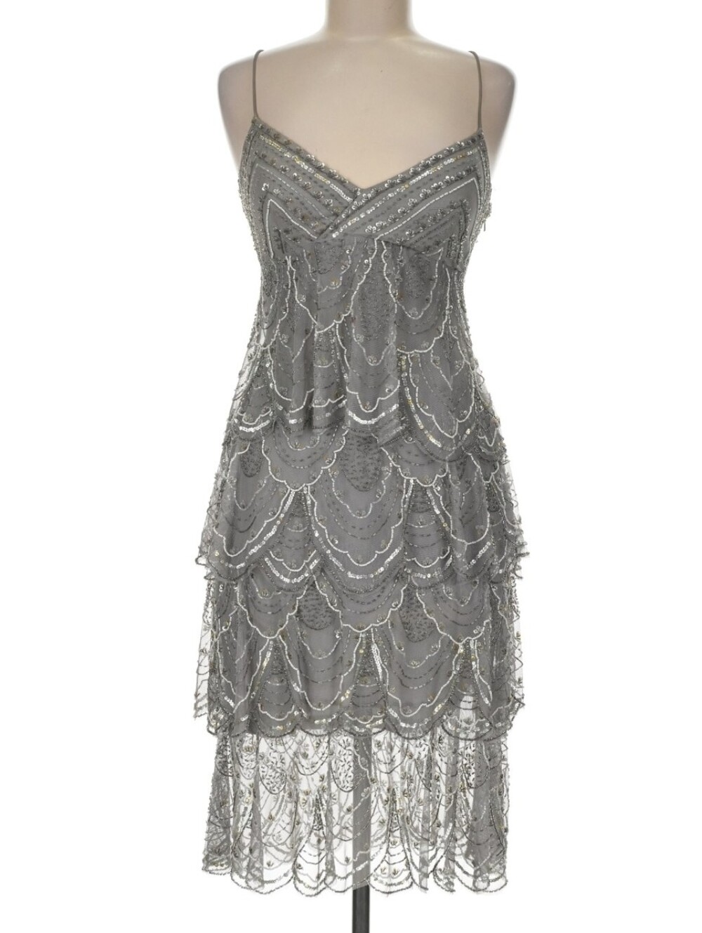 Sue Wong Nocturne Silk Beaded Sequin Flapper Midi Dress Size 8 Art Deco Y2K